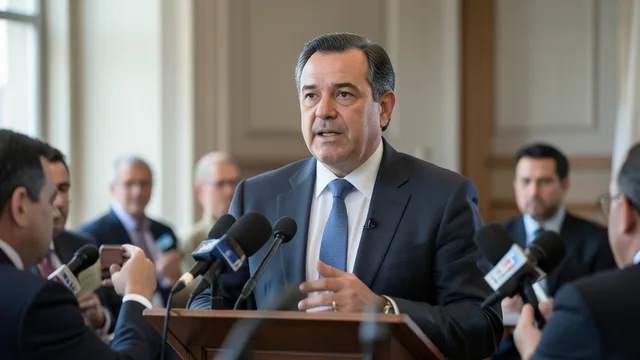 Imagem gerada por IA: Gilberto Kassab fala em uma coletiva de imprensa, diante de microfones.