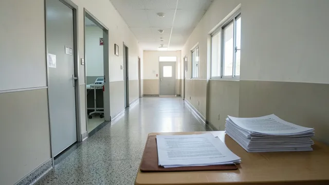 Corredor de hospital público com documentos judiciais sobre uma mesa próxima.
