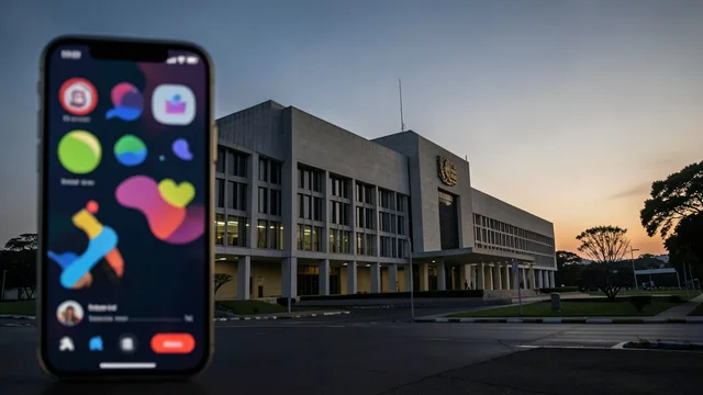 Imagem gerada por IA: Edifício do Supremo Tribunal Federal em Brasília com um celular em primeiro plano.