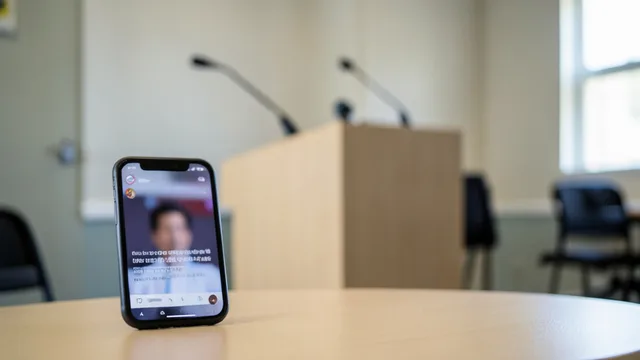 Microfones e celular em uma área de coletiva eleitoral, evocando vídeos de campanha e decisões da Justiça Eleitoral.