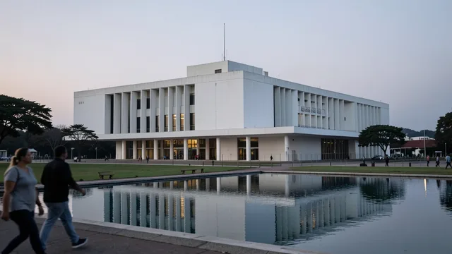 Prédio do Supremo Tribunal Federal em Brasília ao entardecer, com pessoas caminhando diante da sede da Corte.