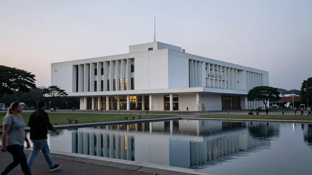 Prédio do Supremo Tribunal Federal em Brasília ao entardecer, com pessoas caminhando diante da sede da Corte.