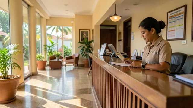 Imagem gerada por IA: Funcionária de hotel consulta uma escala de trabalho junto à recepção.