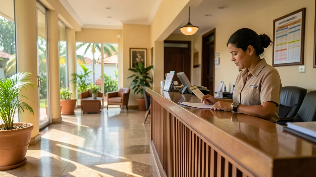Imagem gerada por IA: Funcionária de hotel consulta uma escala de trabalho junto à recepção.