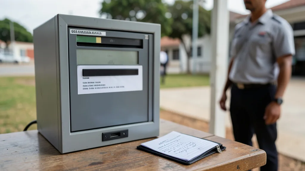 Imagem gerada por IA: Cabine de votação com urna eletrônica e uma carteira com anotação eleitoral sobre uma mesa próxima.