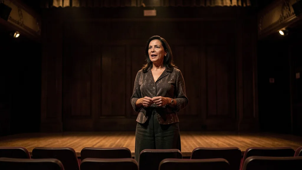 Imagem gerada por IA: Atriz em cena em um palco de teatro com iluminação quente.