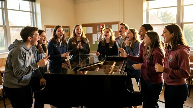 Imagem gerada por IA: Estudantes ensaiam juntos em uma sala de música escolar.