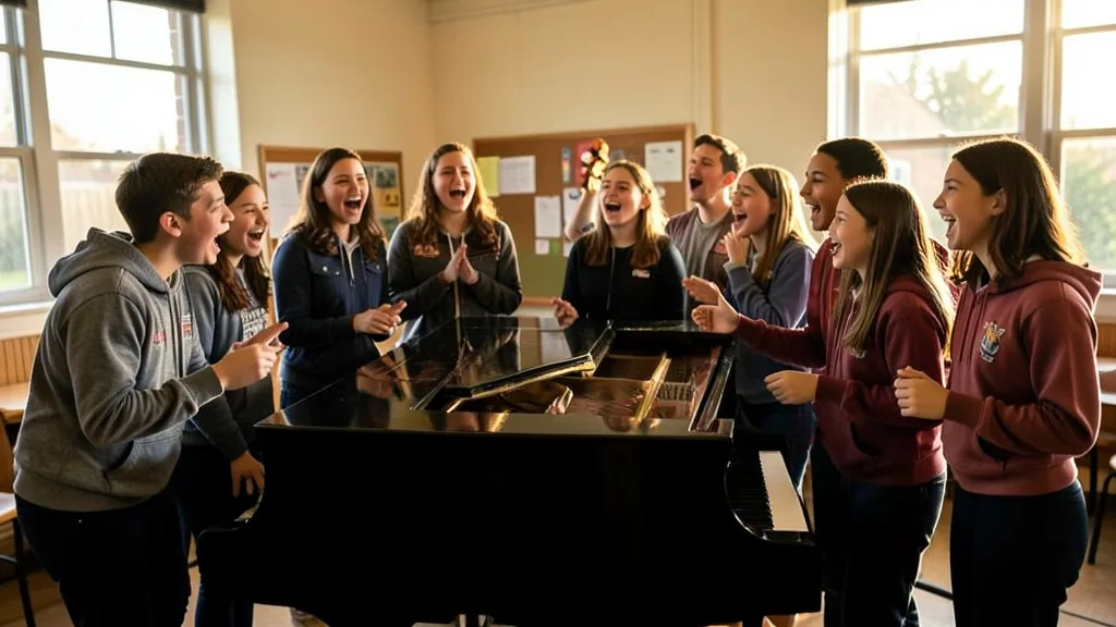 Imagem gerada por IA: Estudantes ensaiam juntos em uma sala de música escolar.