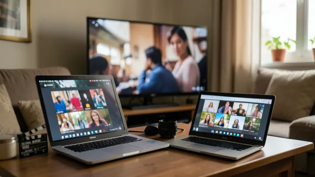Imagem gerada por IA: Televisão e laptop exibem cenas indistintas de produções audiovisuais brasileiras.