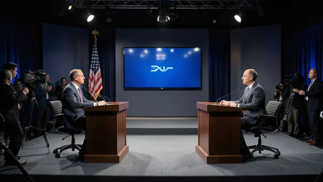 Imagem gerada por IA: Estúdio preparado para um debate presidencial, com dois púlpitos e câmeras de televisão.