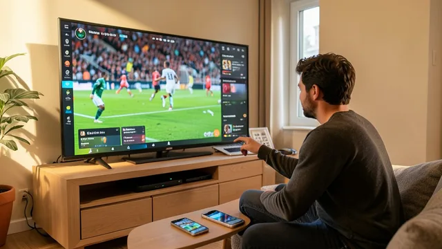 Imagem gerada por IA: Pessoa diante da televisão com uma partida de futebol na tela e dispositivos ao lado.