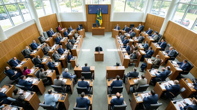 Imagem gerada por IA: Plenário da Câmara dos Deputados em Brasília, com cadeiras e mesas dos parlamentares.