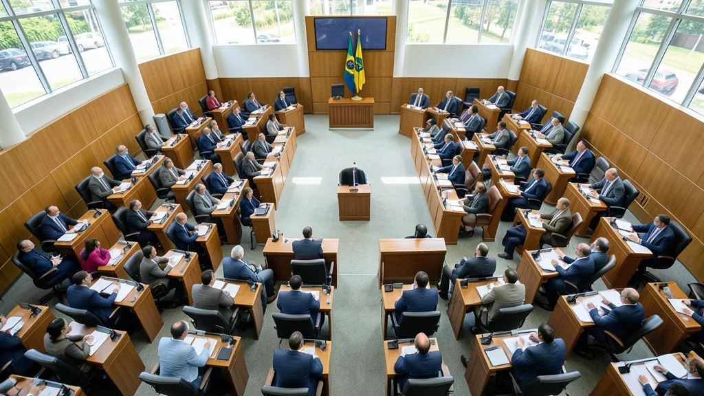 Imagem gerada por IA: Plenário da Câmara dos Deputados em Brasília, com cadeiras e mesas dos parlamentares.