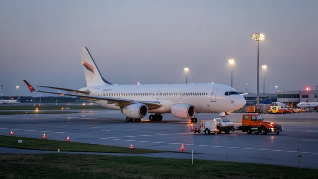 Imagem gerada por IA: Avião comercial no aeroporto com veículos de abastecimento próximos à aeronave.