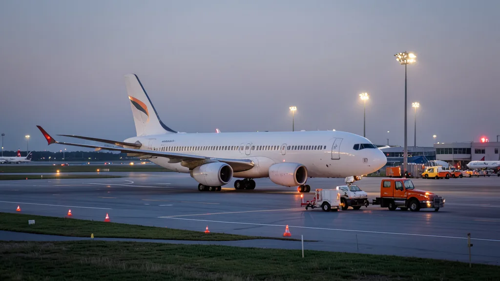 Imagem gerada por IA: Avião comercial no aeroporto com veículos de abastecimento próximos à aeronave.
