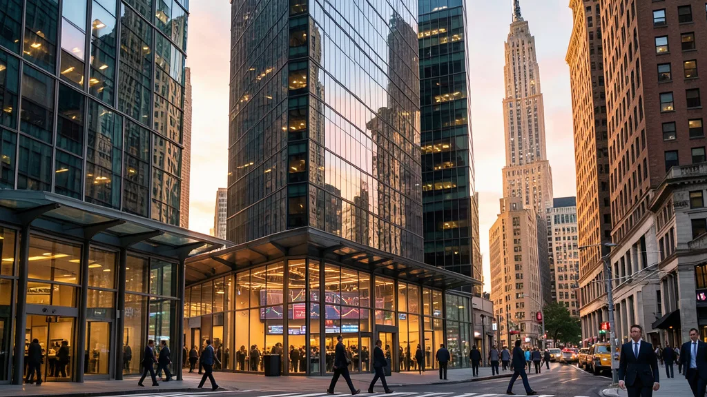 Imagem gerada por IA: Arranha-céus do distrito financeiro de Nova York ao amanhecer, com pessoas caminhando em primeiro plano.