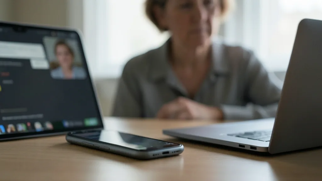 Imagem gerada por IA: Celular com uma chamada virtual desfocada sobre a mesa e uma mulher preocupada ao fundo.