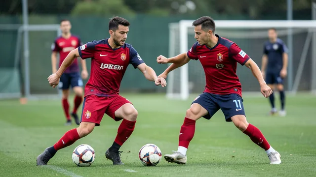 Imagem gerada por IA: Dois jogadores treinam juntos em um campo de futebol, com um deles preparado para passar a bola.
