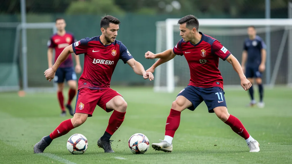 Imagem gerada por IA: Dois jogadores treinam juntos em um campo de futebol, com um deles preparado para passar a bola.