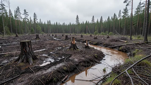 Imagem gerada por IA: Área de floresta desmatada na Finlândia, com solo exposto e água barrenta próxima.