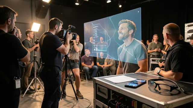 Equipe grava uma cena em estúdio com equipamentos de filmagem, celular e óculos inteligentes ao lado de uma projeção holográfica.