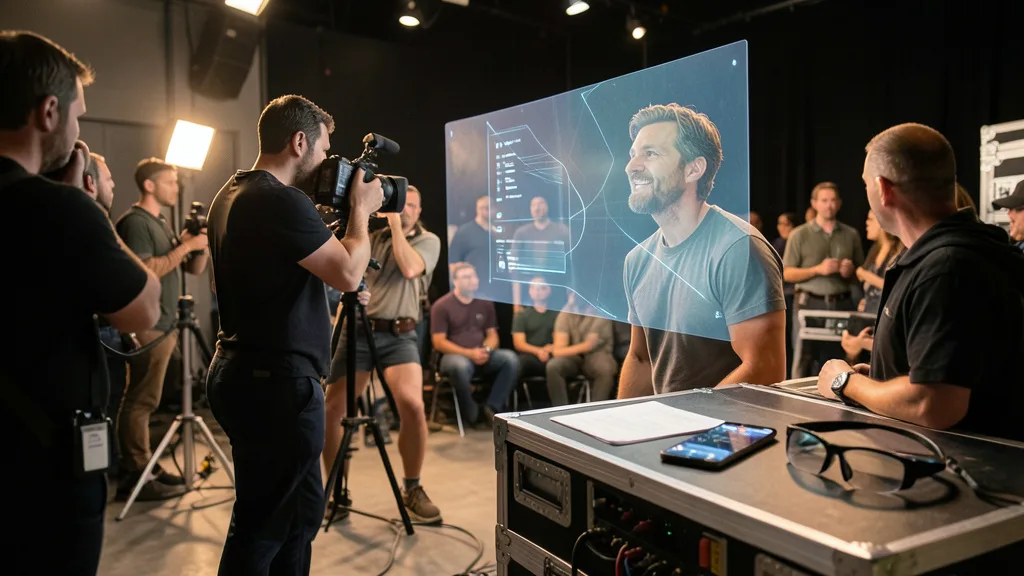 Equipe grava uma cena em estúdio com equipamentos de filmagem, celular e óculos inteligentes ao lado de uma projeção holográfica.