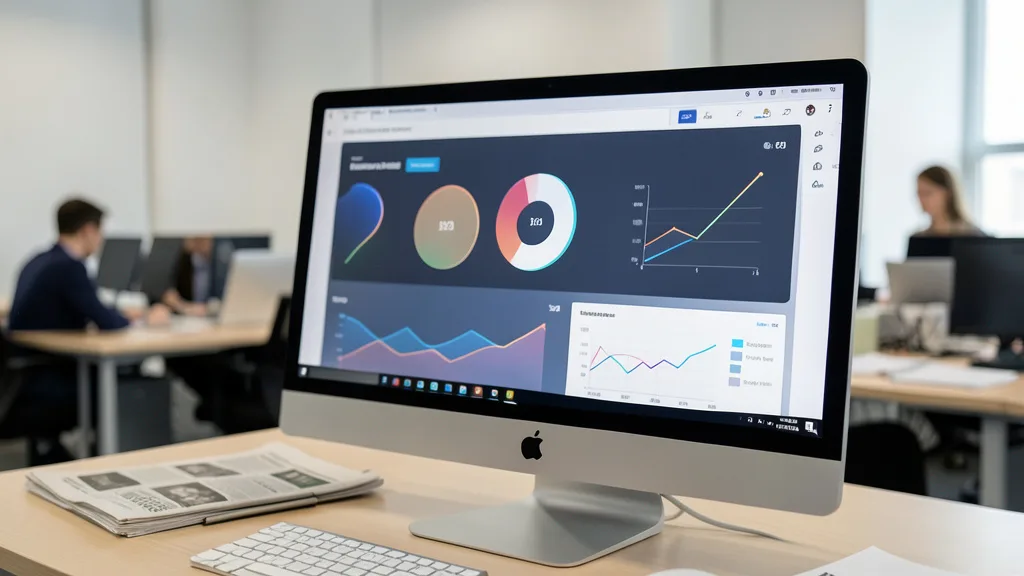 Estação de trabalho com telas abstratas de publicidade digital em uma redação.