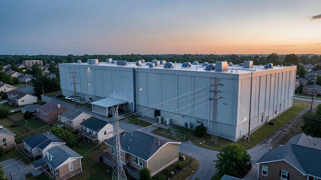Imagem gerada por IA: Data center conectado à rede elétrica perto de casas com baterias e aparelhos de ar-condicionado.