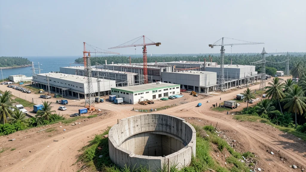 Imagem gerada por IA: Obras de um centro de dados na Índia, com infraestrutura elétrica e um poço seco em primeiro plano.