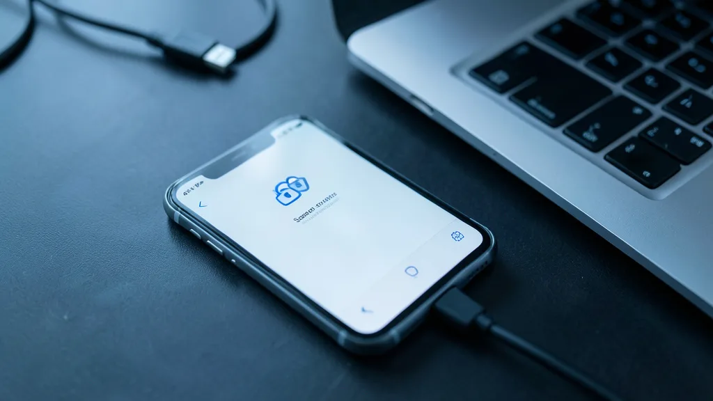 Celular com ícones genéricos de segurança ao lado de um cabo USB e um laptop.