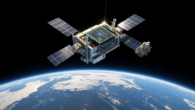 Satélite experimental com painéis solares sobre a curvatura azul da Terra.