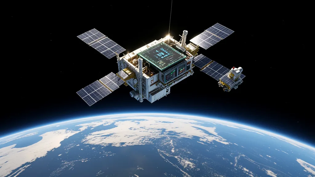 Satélite experimental com painéis solares sobre a curvatura azul da Terra.
