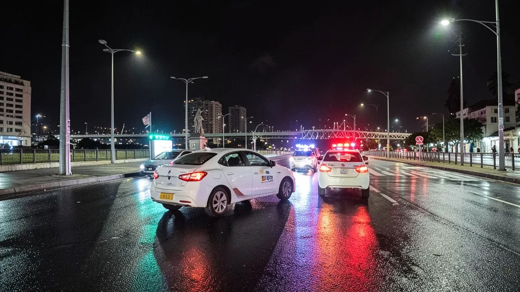 Imagem gerada por IA: Carro branco parado na Avenida Brasil à noite, próximo a uma viatura policial.