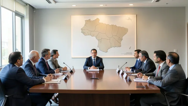 Imagem gerada por IA: Governadores reunidos em uma sala institucional diante de um mapa do Brasil.