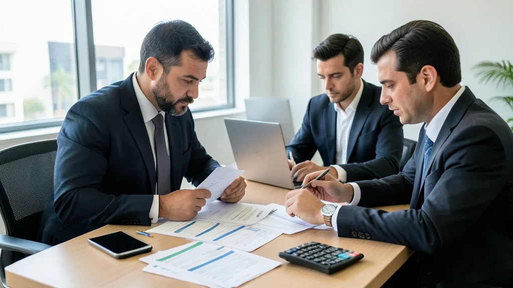 Imagem gerada por IA: Profissionais analisam documentos e planejam os custos de uma empresa em um escritório.