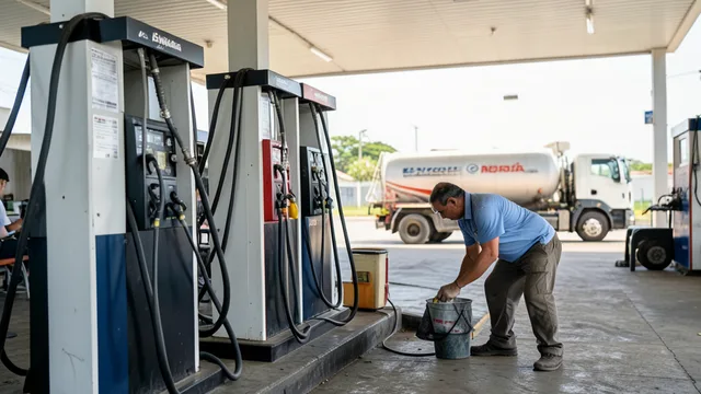 Imagem gerada por IA: Bombas de combustível em um posto, com um caminhão-tanque ao fundo.
