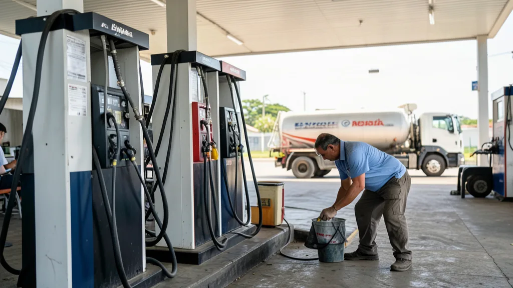 Imagem gerada por IA: Bombas de combustível em um posto, com um caminhão-tanque ao fundo.