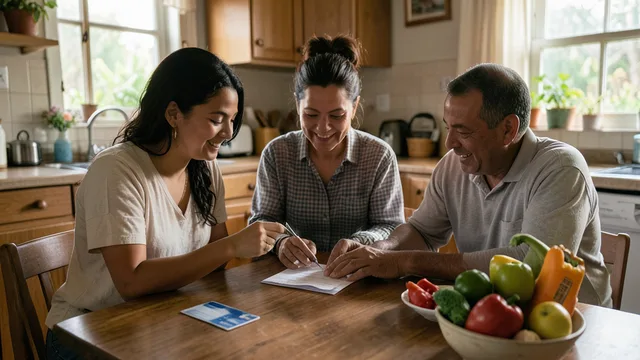 Imagem gerada por IA: Família brasileira reúne-se à mesa de casa para organizar as finanças e as compras do mês.