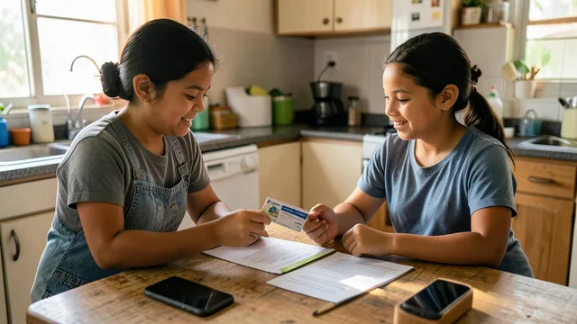Imagem gerada por IA: Família brasileira consulta documentos e um cartão de benefício à mesa de casa.