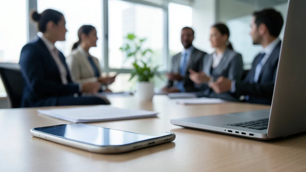 Imagem gerada por IA: Celular e documentos sobre uma mesa de escritório, com trabalhadores conversando ao fundo.