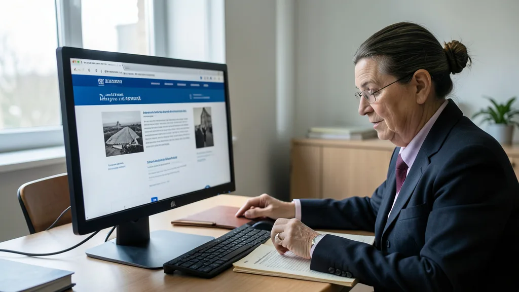 Servidor consulta documentos históricos diante de um computador em um escritório público.