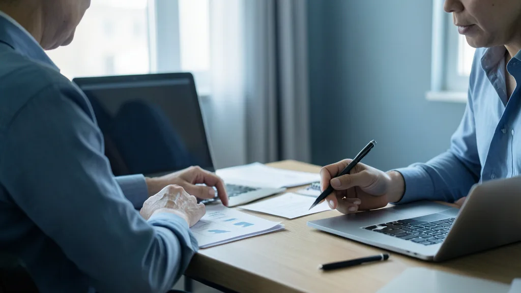 Imagem gerada por IA: Pessoa analisa documentos de investimento em uma mesa de escritório.