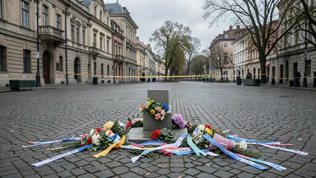 Imagem gerada por IA: Flores e fitas em uma praça após um ato político, com uma área isolada ao fundo.
