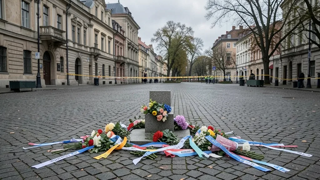 Imagem gerada por IA: Flores e fitas em uma praça após um ato político, com uma área isolada ao fundo.