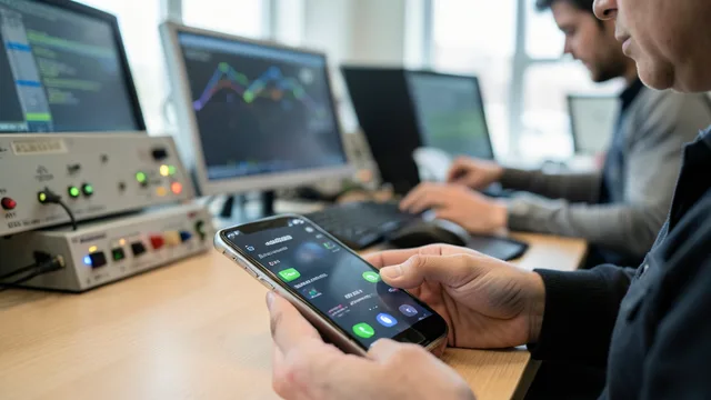 Imagem gerada por IA: Celular recebe uma chamada em primeiro plano, com equipamentos de telecomunicações ao fundo.