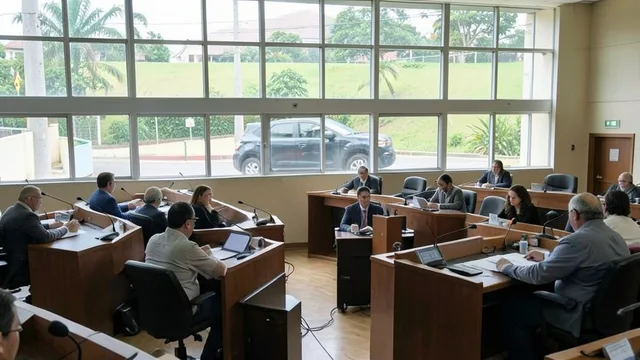 Imagem gerada por IA: Plenário de assembleia legislativa, com um carro visível ao fundo.