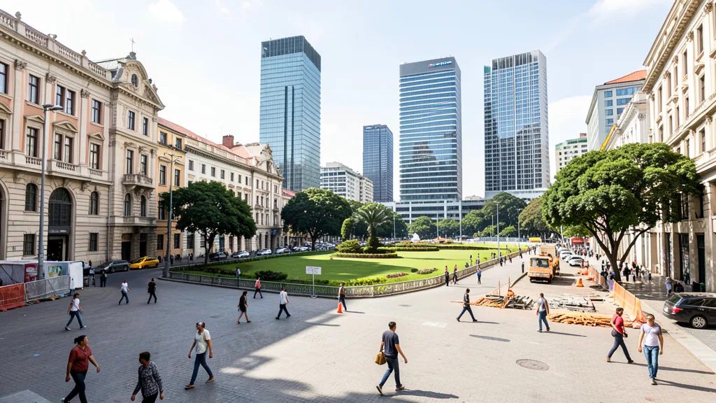 Imagem gerada por IA: Área urbana de Campos Elíseos, em São Paulo, com edifícios e praça pública ao redor do futuro centro administrativo.