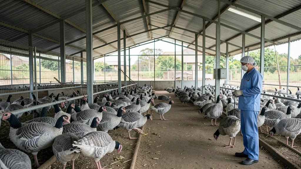 Imagem gerada por IA: Perus em uma granja comercial com um profissional veterinário ao fundo.