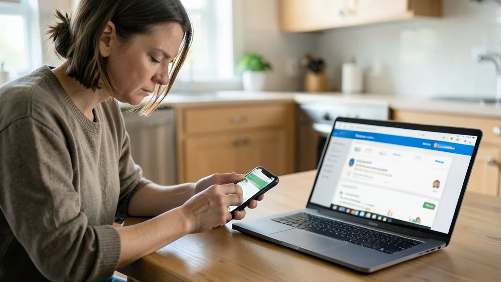 Imagem gerada por IA: Pessoa confere a conta bancária no celular ao lado de um notebook com uma plataforma de apostas aberta.