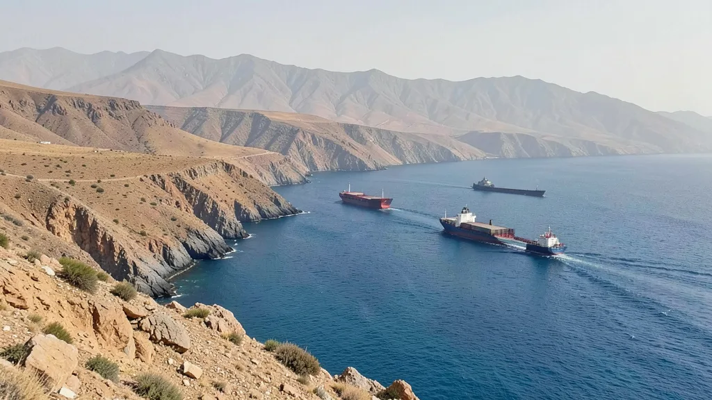 Imagem gerada por IA: Navios cargueiros passam pelo estreito de Bab el-Mandeb, entre o litoral do Iêmen e o Chifre da África.